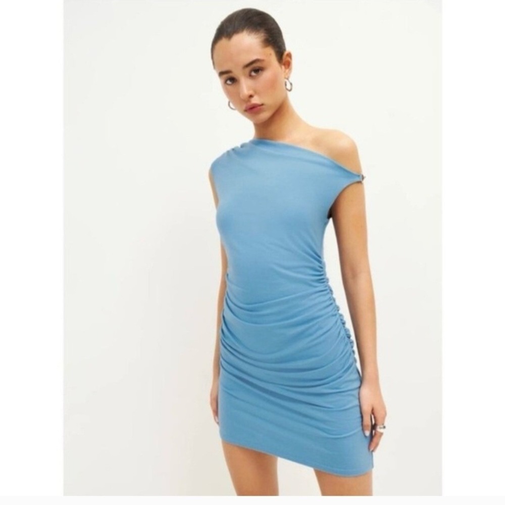 Reformation Mini Dress Izara Blue Knit Chain Strap Off Shoulder Size M Sexy NWT